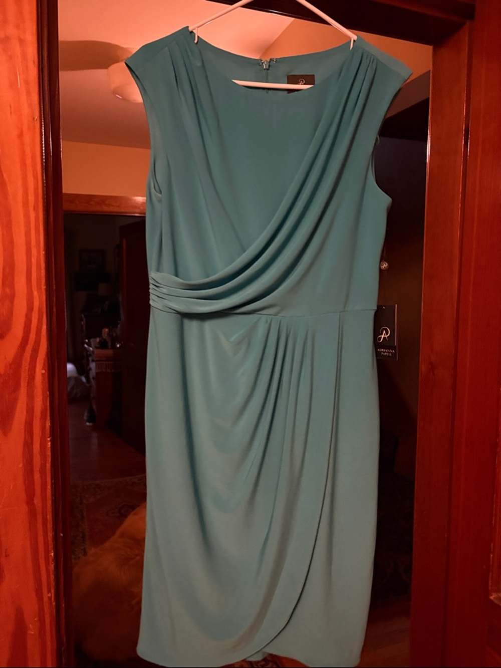 Adrianna Papell Teal Sleeveless Draped Midi Dress
